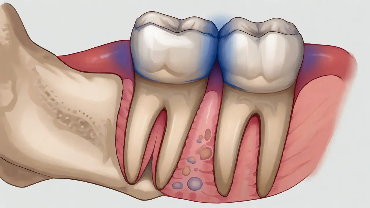 Anatomický řez čelistí s retinovaným zubem moudrosti
