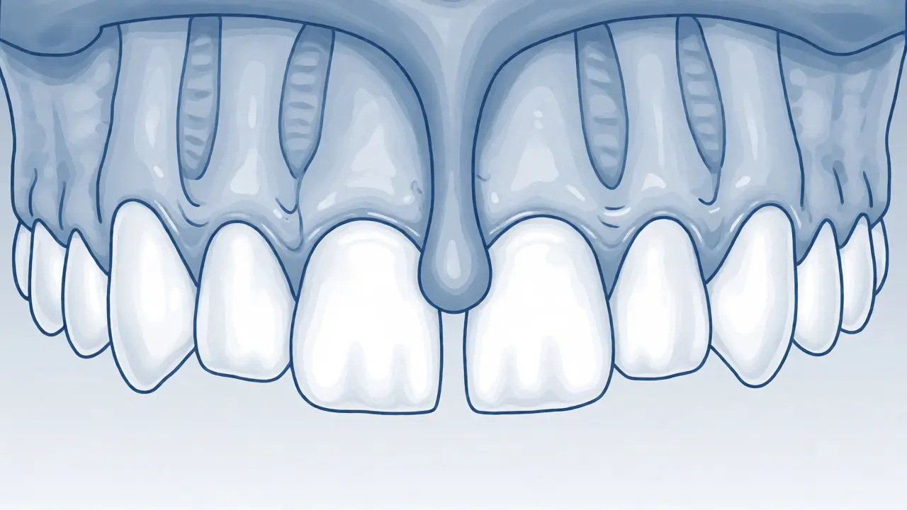 Anatomický řez ukazující vazivko rtu způsobující diastému