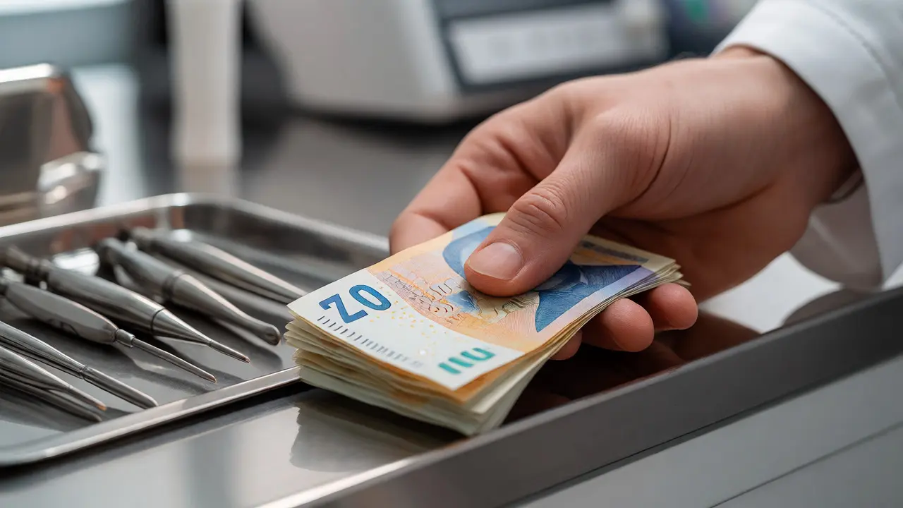 Detail českých korun vedle stomatologických nástrojů na klinice.