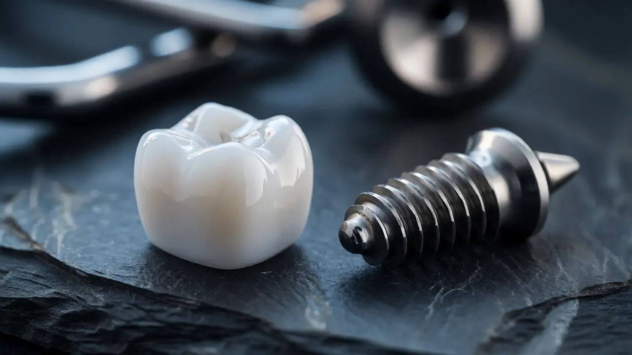 Detailní záběr na bílou keramickou korunku a titanový zubní implantát na tmavém pozadí.