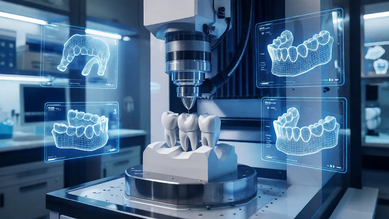 Digitální výroba zubů pomocí robotické frézky a 3D modelů v laboratoři.