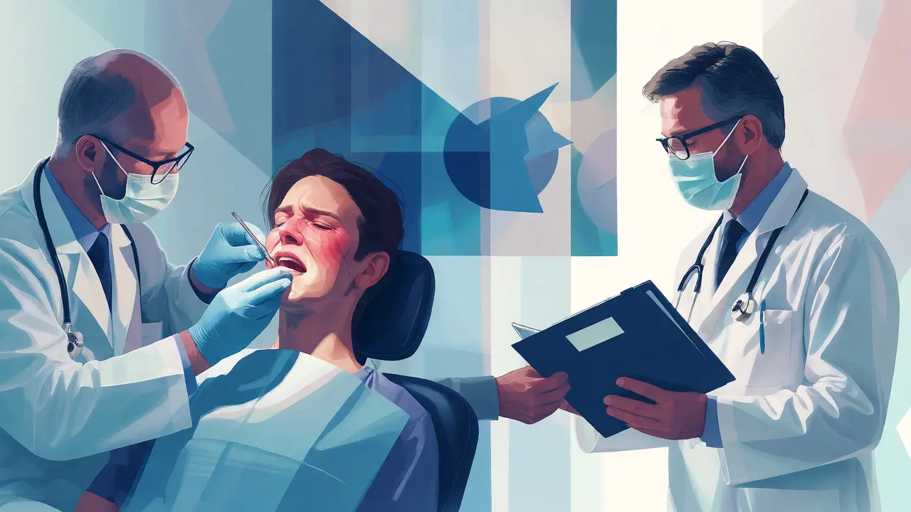 Ilustrace předání dokumentů pacientovi zubařem