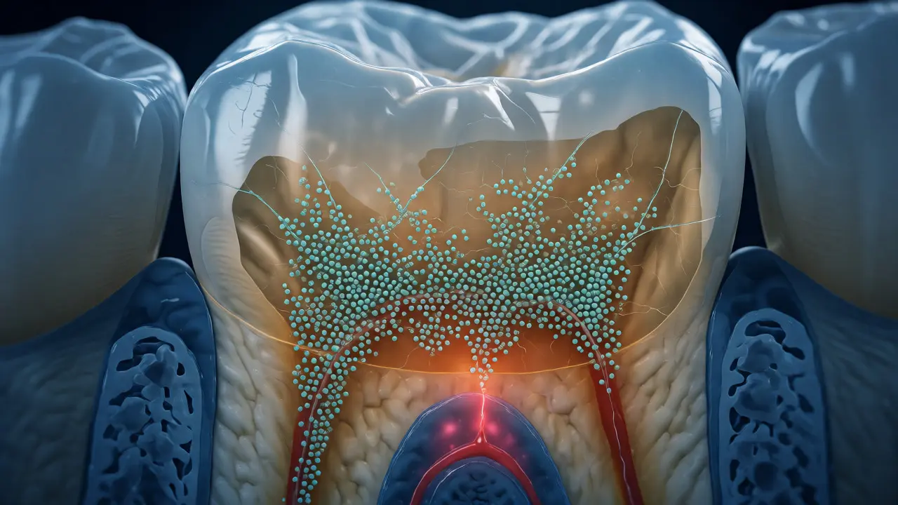 Ilustrace řezu zubem ukazující bakterie šířící se pod plombovou do dentinu.