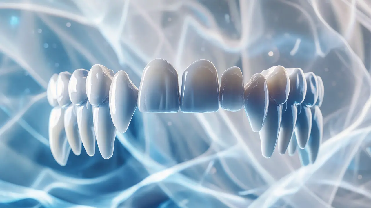 Kompletní sada lidských zubů uspořádaných v oblouku s rozlišenými typy.