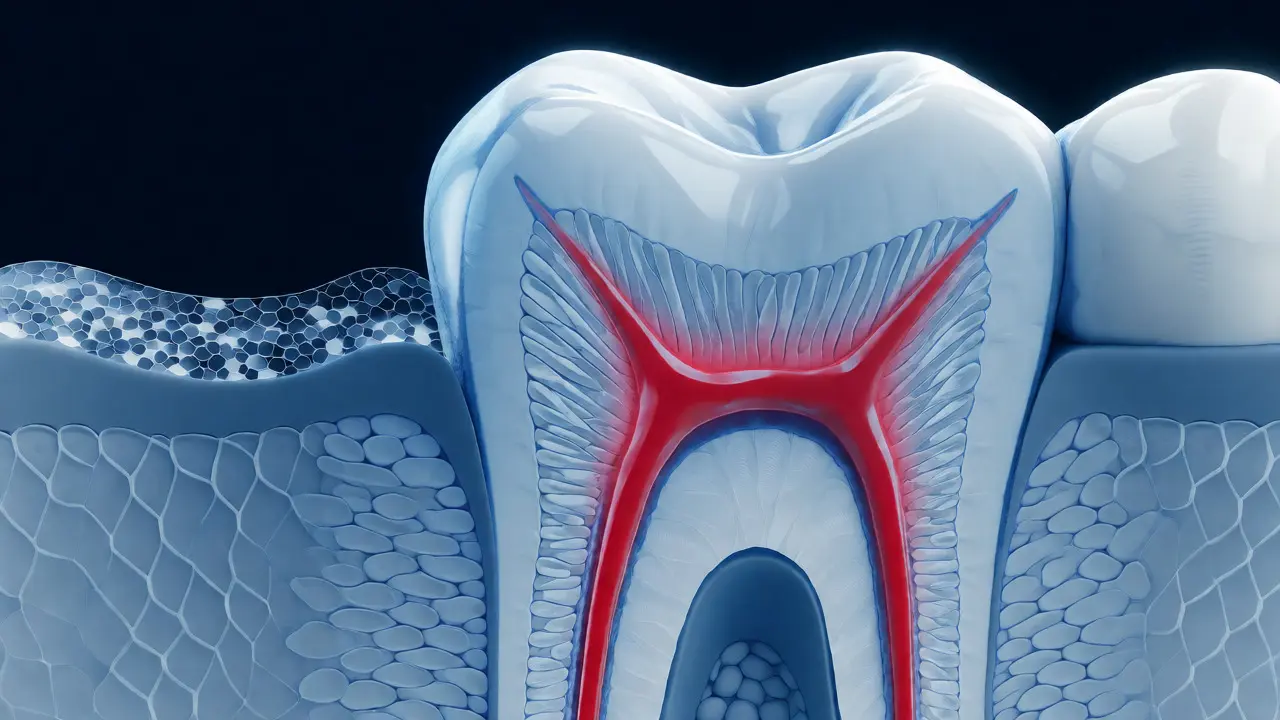 Lékařská ilustrace řezu zubem ukazující tenkou sklovinu a odhalený dentin s kanálky.