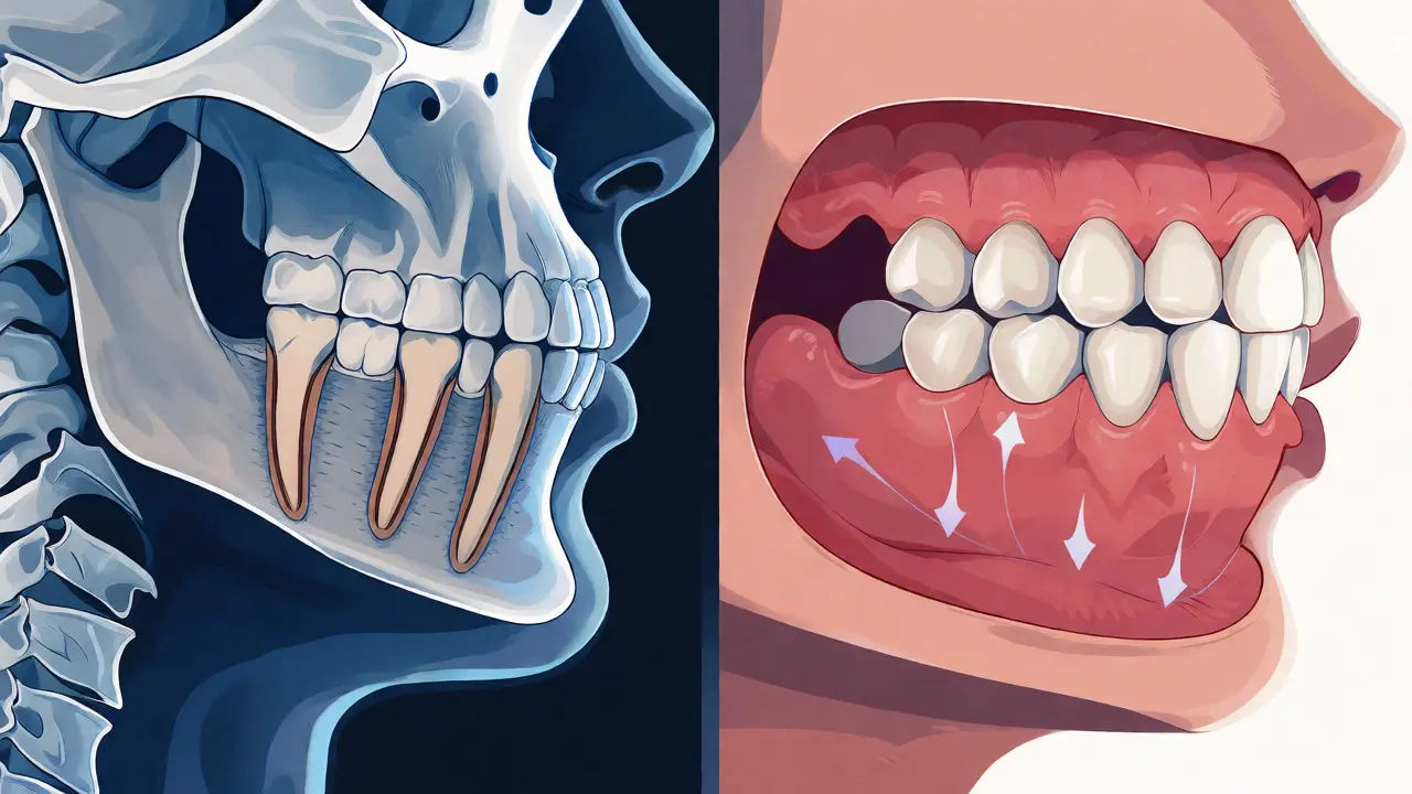 Medical illustration comparing natural teeth roots and denture placement