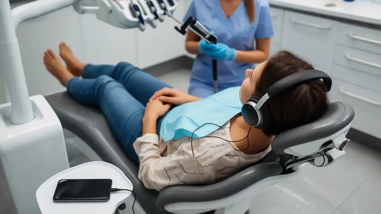 Pacient s sluchátky v zubním křesle při ošetření hygienistou