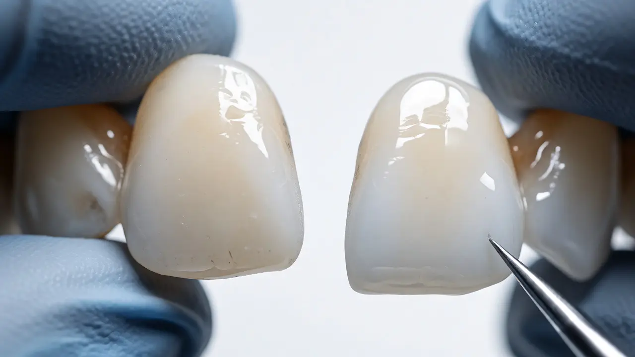 Porovnání kompozitní a porcelánové zubní facety v ruce.