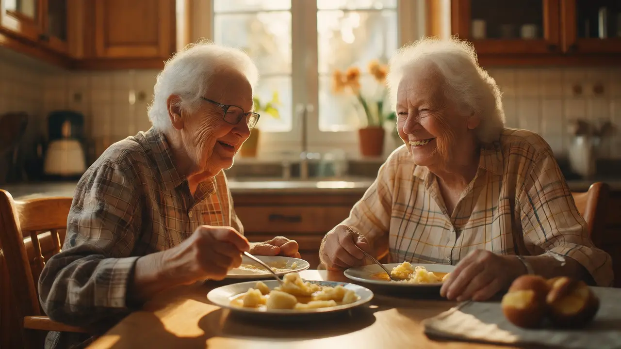 Senior couple eating soft food comfortably at a kitchen table