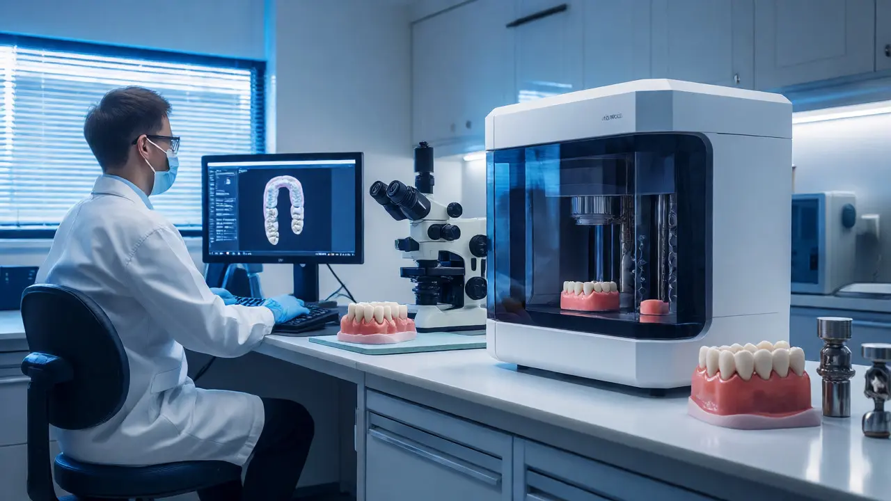 Zubní laborant pracující s digitální technologií a 3D tiskárnou v moderní laboratoři